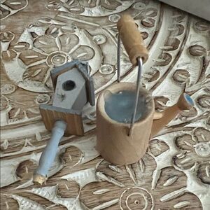 Wooden Watering Can and Birdhouse miniature Decor